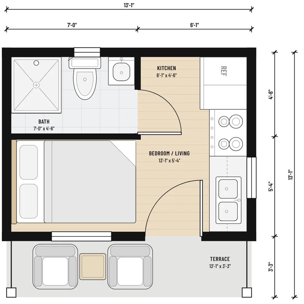 Floor plan of The Alpenglow Studio with room sizes and dimensions