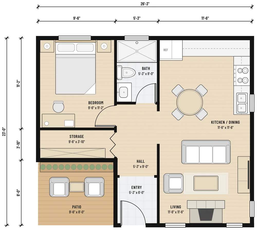 Floor plan of The Flagstone Modern with room sizes and dimensions