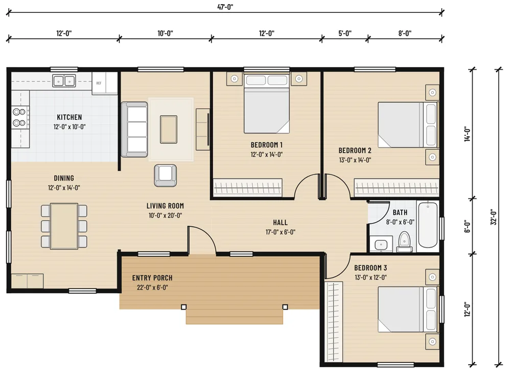 Floor plan of The Porthole House with room sizes and dimensions