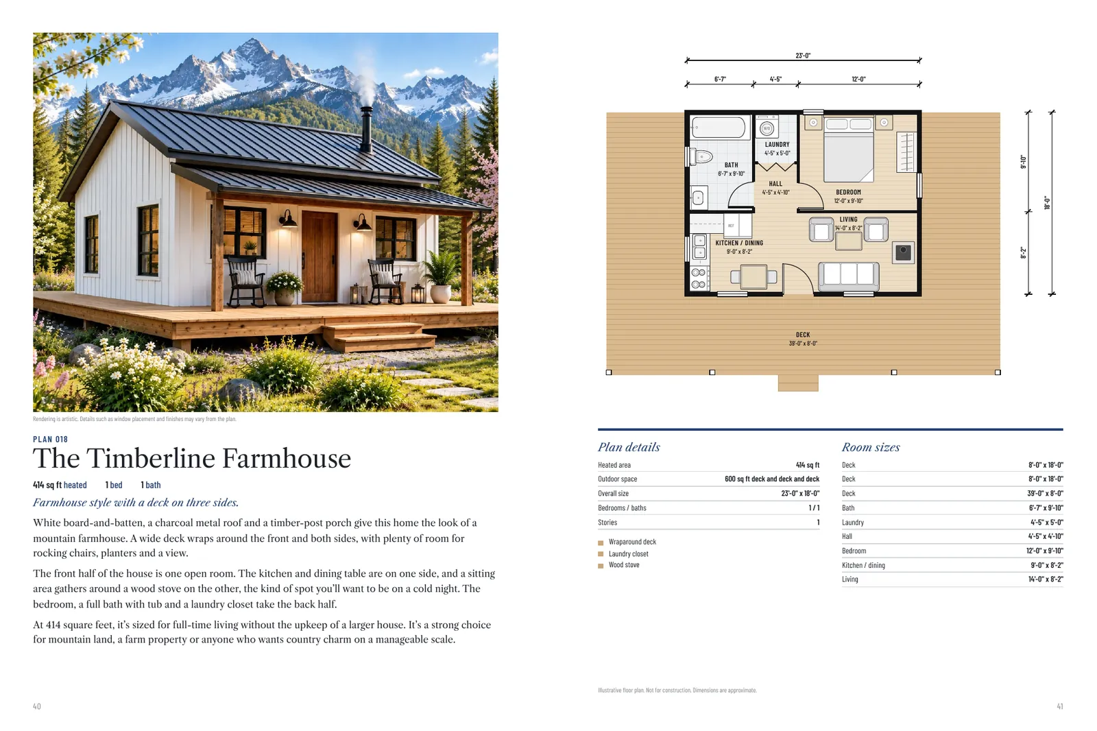 Two facing pages from the Complete Collection: the Timberline Farmhouse rendering and description on the left, its floor plan, plan details and room sizes on the right