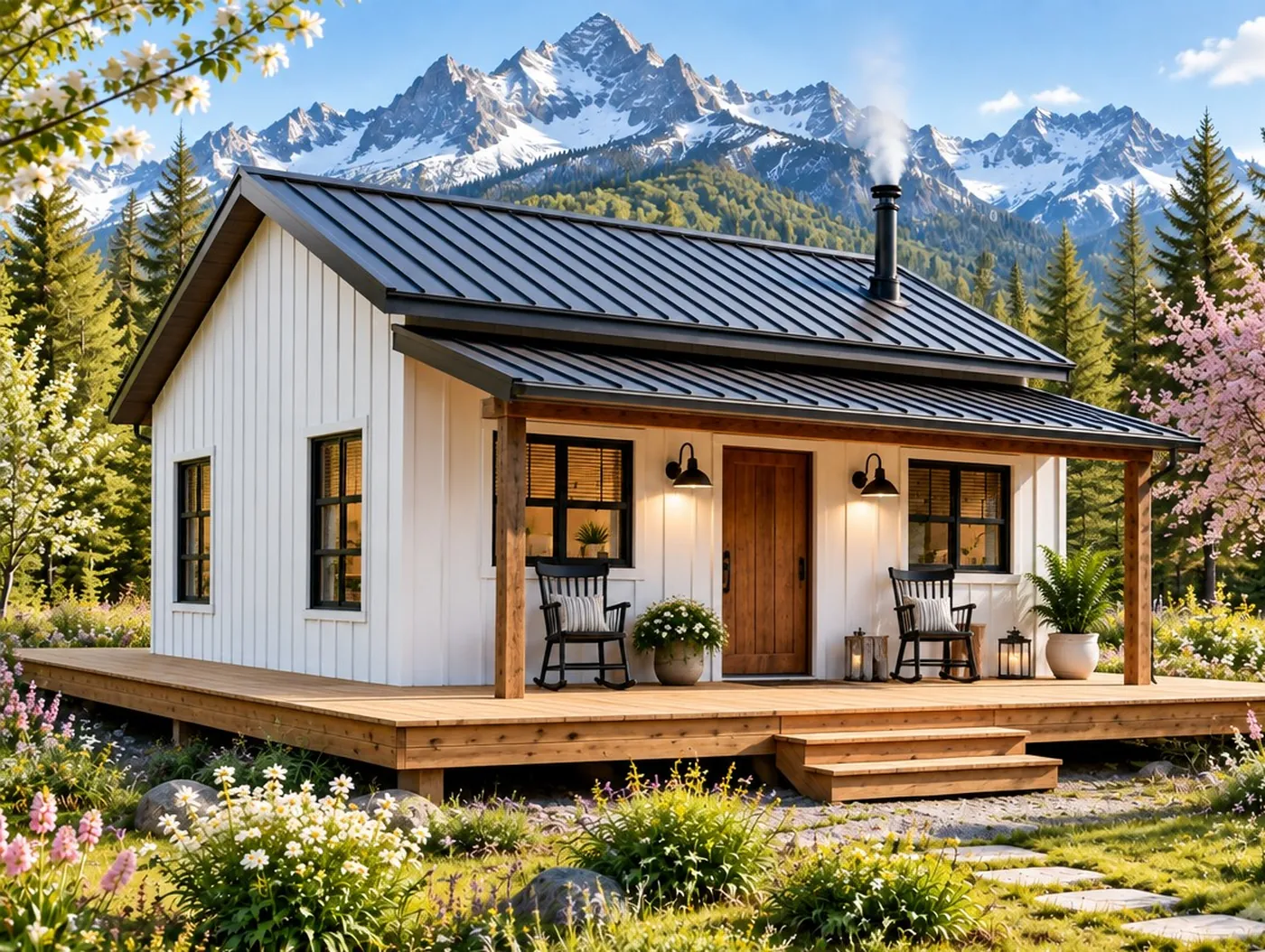 Rendering of the Timberline Farmhouse, a 414 sq ft one-bedroom farmhouse with white board-and-batten siding, a metal roof and a wraparound deck