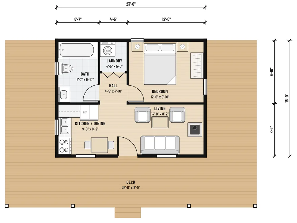 Floor plan of the Timberline Farmhouse showing the open kitchen and living room, the bedroom, the bath and the deck on three sides